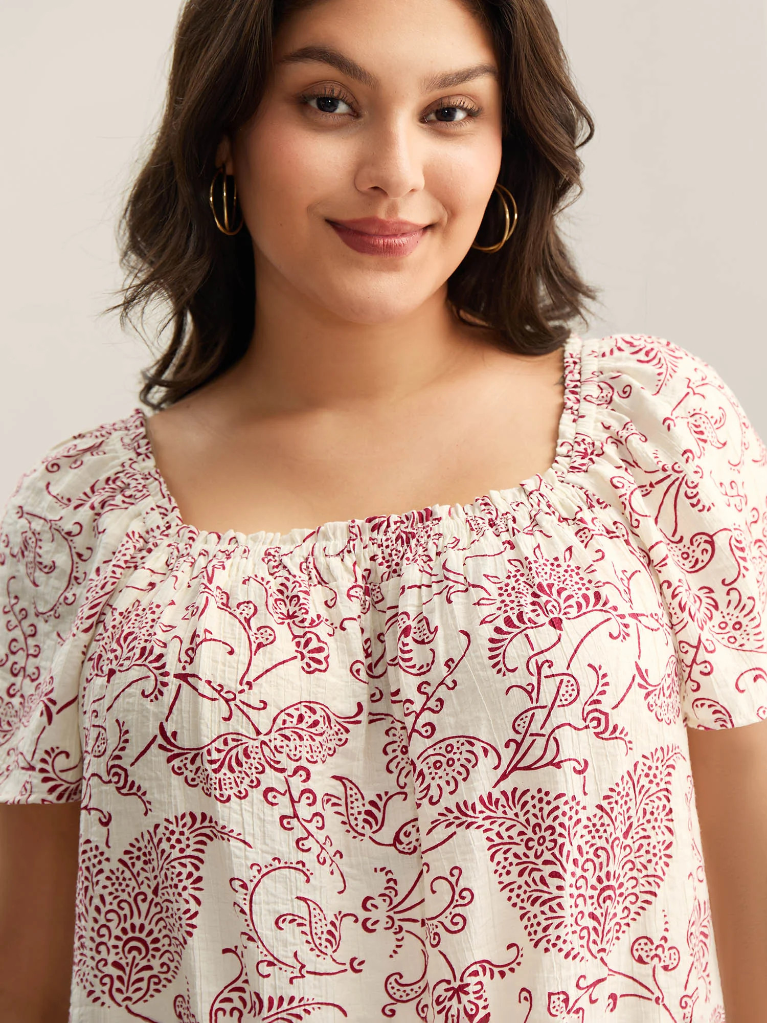 Floral Print Shirred Neck Flowy Blouse | Bloomchic