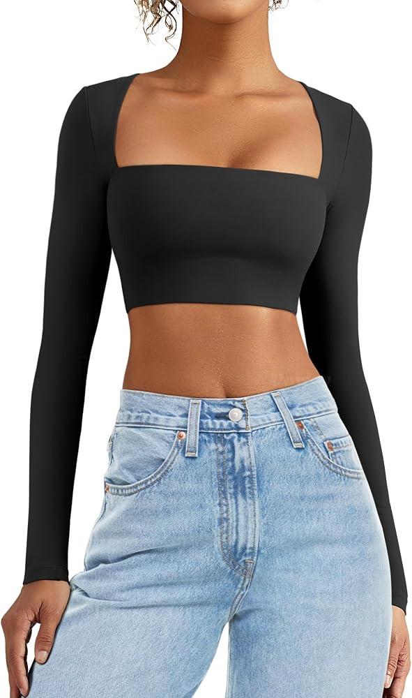 VOYJOY Women's Square Neck Crop Top Workout Tops Long Sleeve Shirts Cropped T Shirts Women Cute T... | Amazon (US)