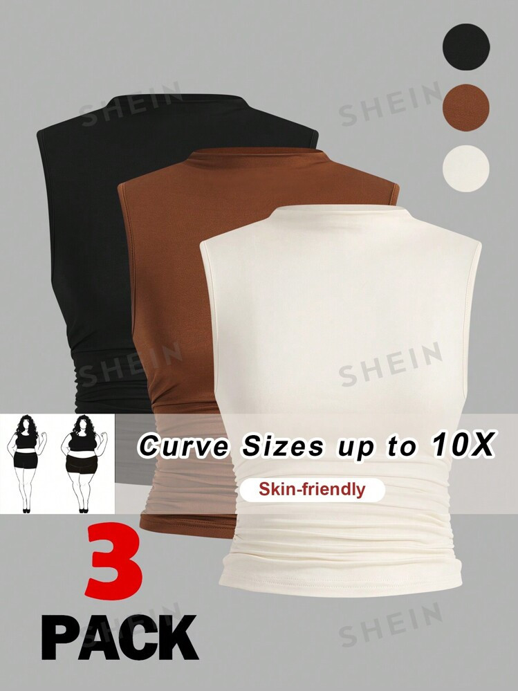 SHEIN CURVE+ -Pack Summer Basic Solid Color Tight Tank Top With Small Stand Collar And Pleated De... | SHEIN