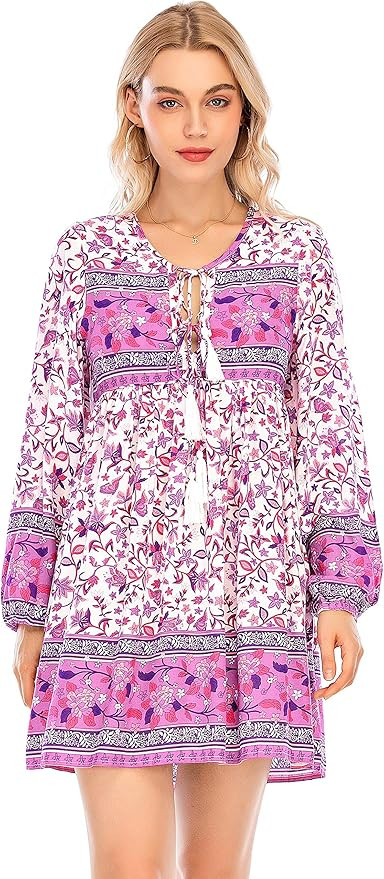 R.Vivimos Womens Long Sleeve Floral Casual Print Cotton Mini Tunic Dress | Amazon (US)