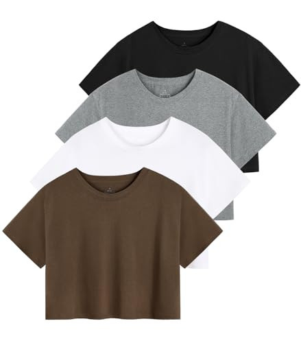 Xelky 4 Pack Womens Crop Casual Tops Tshirt Cotton Loose Workout Short Sleeve Round Neck Tee Yoga Running Shirts Black/Gray/White/Coffee XL | Amazon (US)