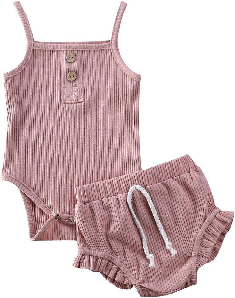 Infant Baby Girls Summer Knit Outfits Button Halter Romper Ruffle Drawstring Shorts Pants 2Pcs Cl... | Amazon (US)