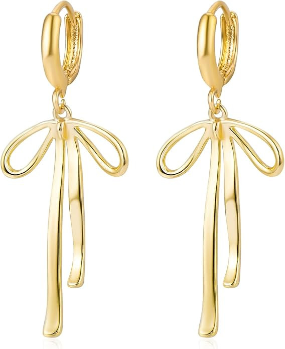 Gold Bow Ribbon Hoop Earrings - Long Ribbon Drop Dangle Bow Tie Huggie Earrings for Women's Jewel... | Amazon (US)