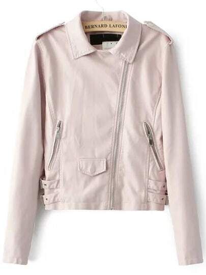 Pink Lapel Epaulet Oblique Zipper Crop Jacket | SHEIN