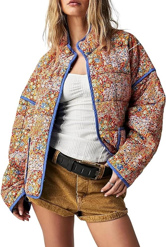 Women's Cropped Floral Puffer Jacket Cardigan Printed Lightweight Open Front Padded Quilted Coats | Amazon (US)