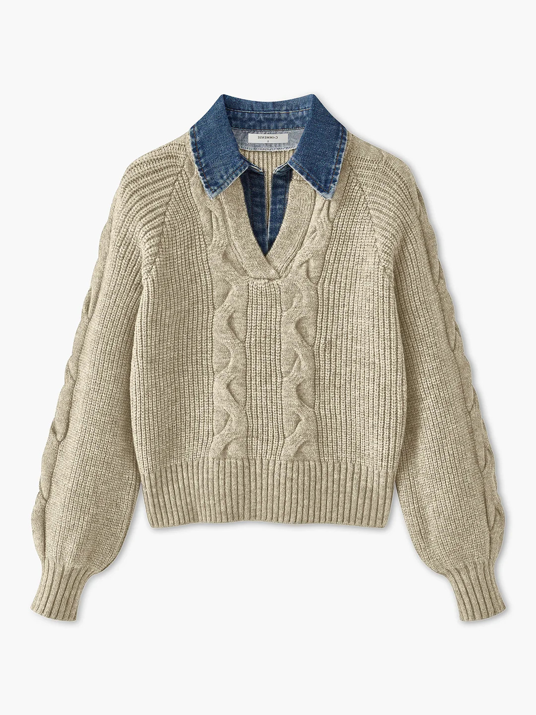 Denim Panel Ribbed Lapel Sweater | Commense