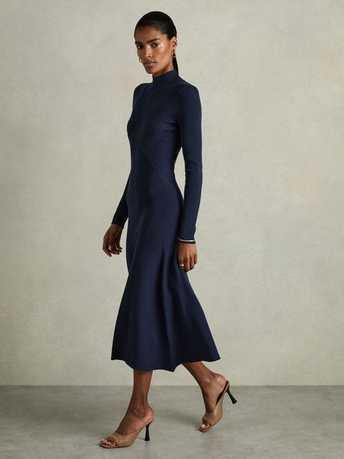 Round Neck Ribbed Midi Dress in Navy | Reiss US