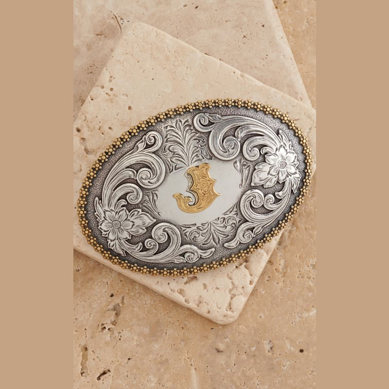 M&F Western Productions Gold "J" with Silver Etched Floral Large Oval Belt Buckle | Cavender's