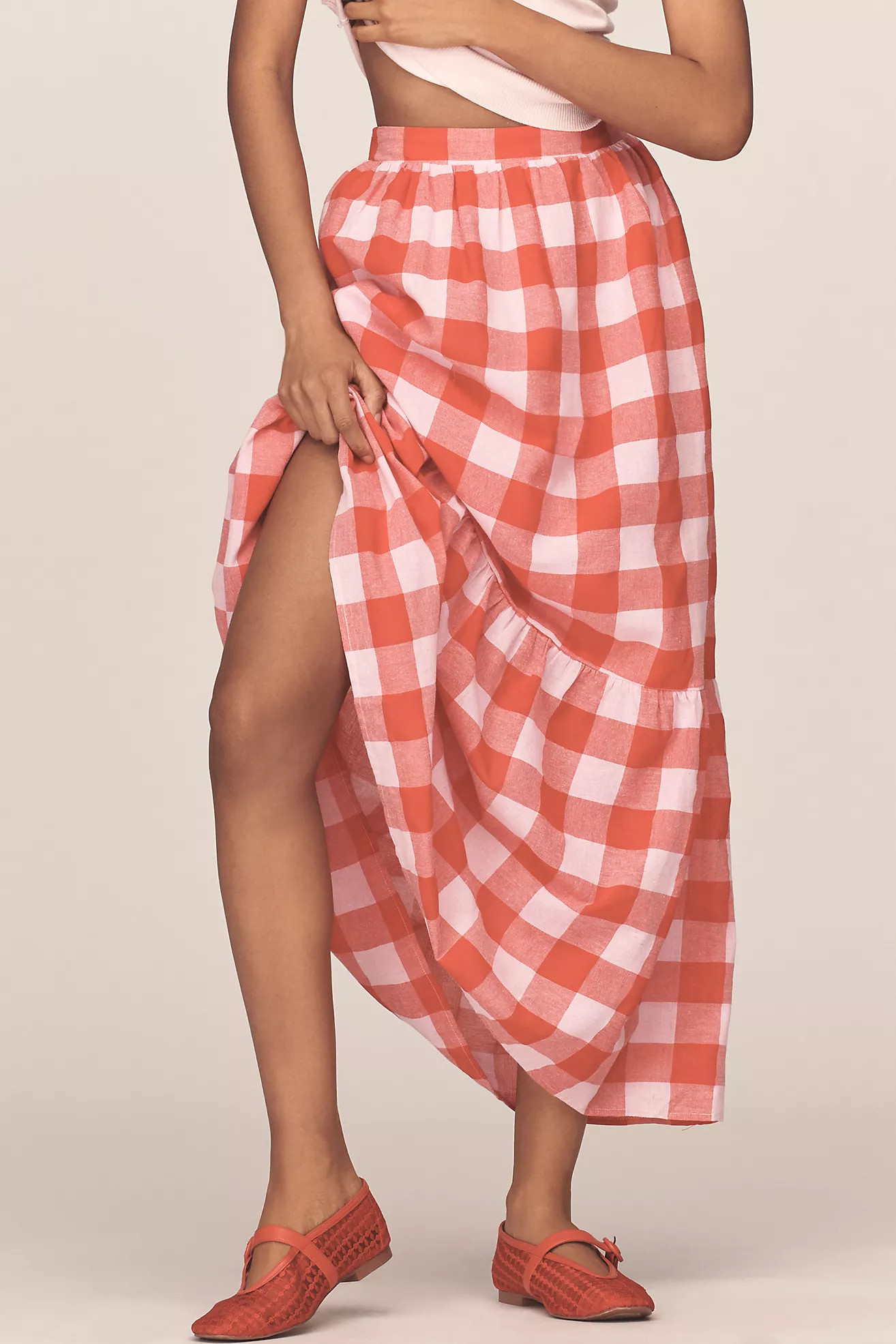 English Factory Gingham Tiered Midi Skirt | Anthropologie (US)