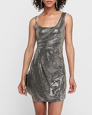metallic sequin asymmetrical sleeveless sheath dress | Express