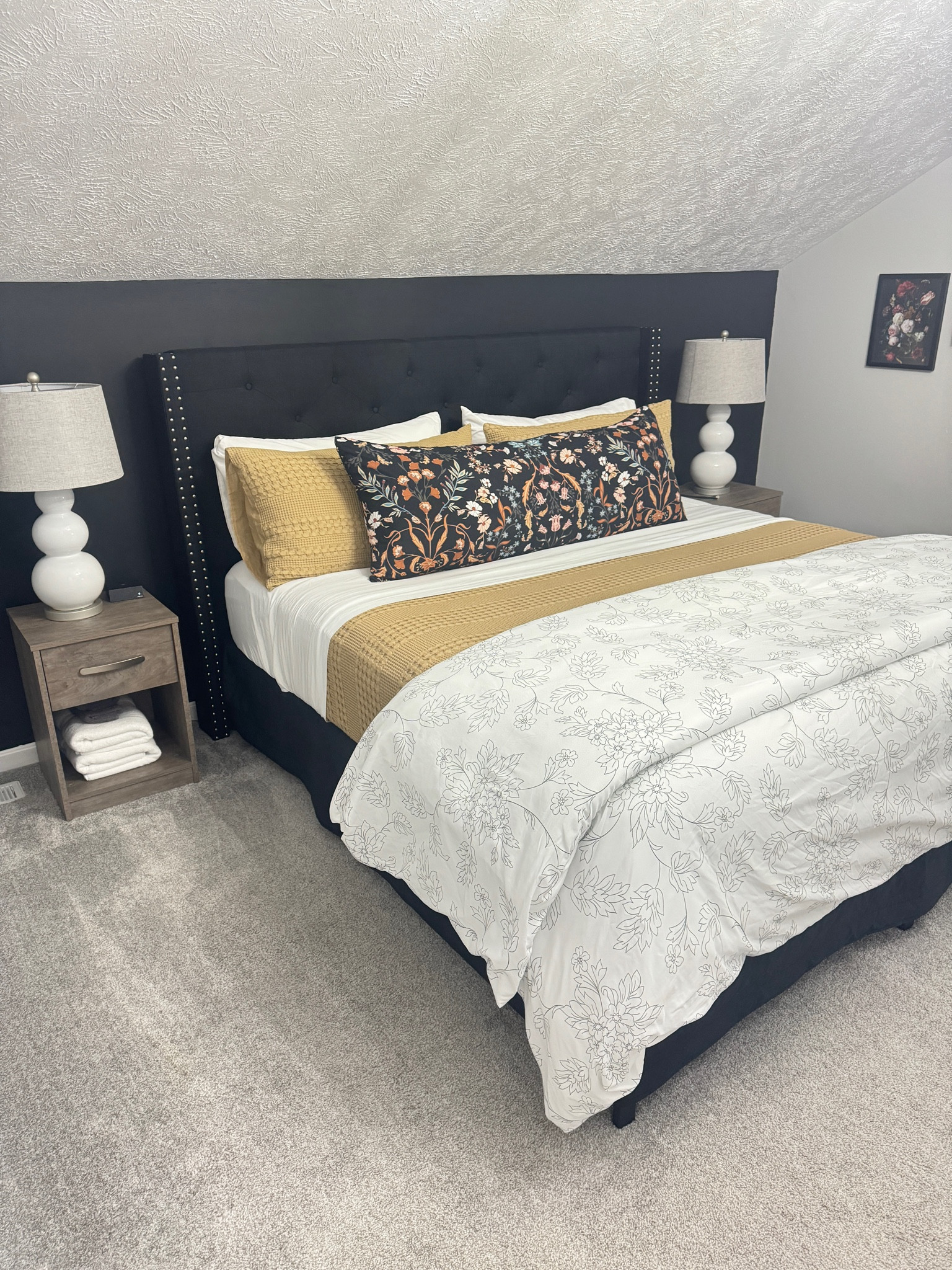 Love the detail on this high backboard king bed, perfect for our guest room at the rental house. The high platform frame allows ample storage underneath the bed & this decor and bed styling is comfortable, modern, and easy to clean. Duvet cover for extra warmth and a coverlet for warmer nights. 

#LTKStyleTip #LTKHome