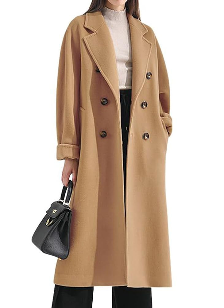 chouyatou Women's Winter Double Breasted Wool Coat Business Casual Midi Long Winter Trench Coat w... | Amazon (US)