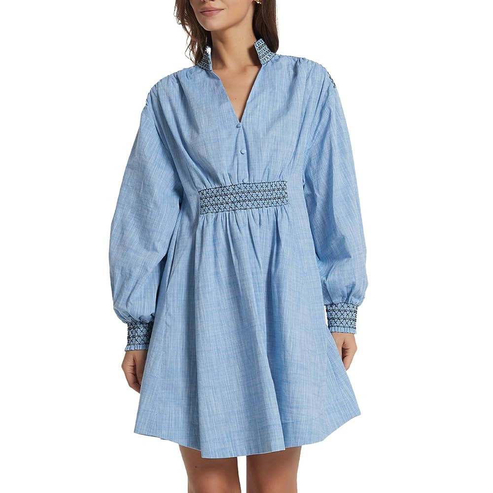Women's Oversized Embroidered Dress Summer V Neck Long Sleeve Casual A Line Mini Dress | Amazon (US)