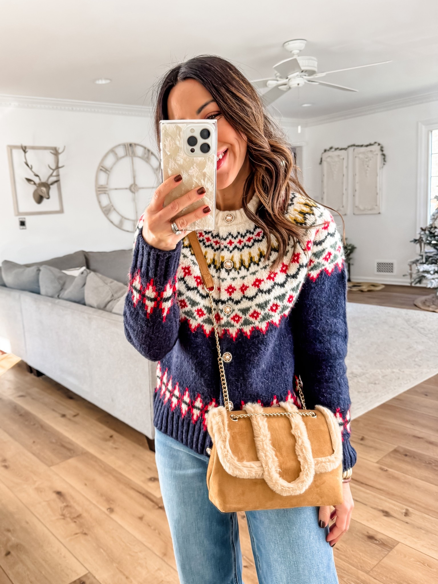 Jeans 25. Brighton jeans I cut. Sweaters small. Denim jacket small. Floral jacket XS. Leggings small. Shoes TTS. Jewelry code HOUSEOFLEO30. 

Fair isle sweater, Sherpa bag, suede bag

#LTKHoliday #LTKOver40 #LTKFindsUnder100