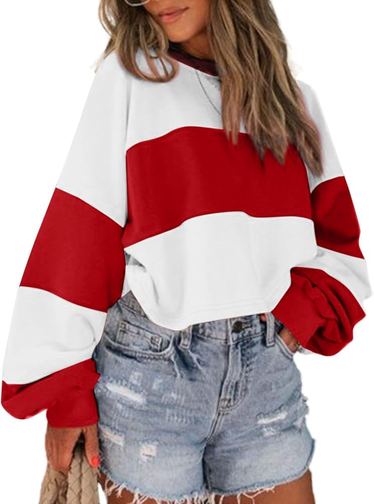 Avanova Women Color Block Striped Cropped Sweatshirt Oversized Crewneck Pullover | Amazon (US)