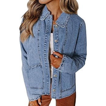 Sidefeel Women's Jean Jacket Long Sleeve Button Down Ruffled Denim Jacket Shacket | Amazon (US)