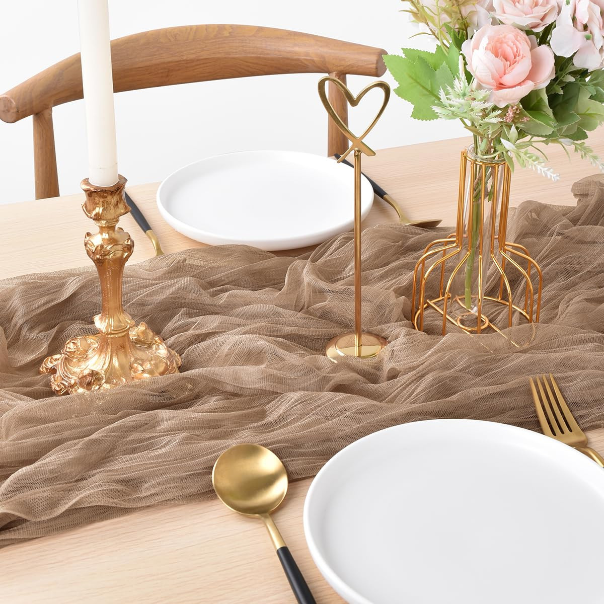 Joanlody Coffee Cheesecloth Table Runner 10Ft Rustic Gauze Cheese Cloth Table Runner Boho Easter Spring Summer Table Runner for Wedding Bridal Baby Shower Decoration | Amazon (US)