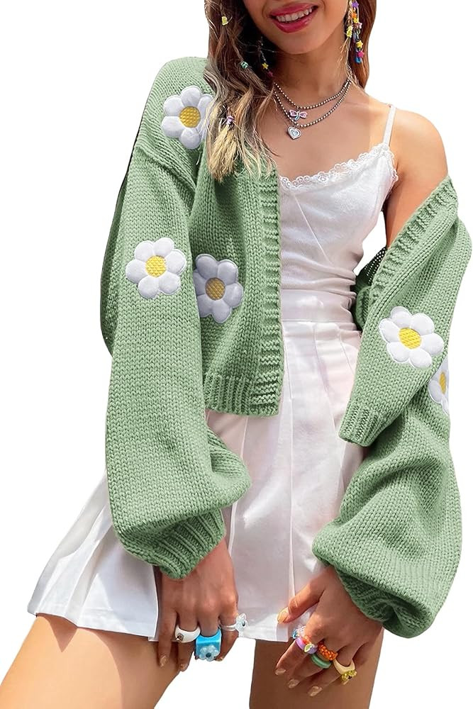 MakeMeChic Women's Floral Applique Lantern Sleeve Open Front Cropped Cardigan Sweater | Amazon (US)