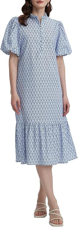 Summer Floral Midi Dress for Women Spring Puff Short Sleeve Button Down Flowy Boho Dresses | Amazon (US)