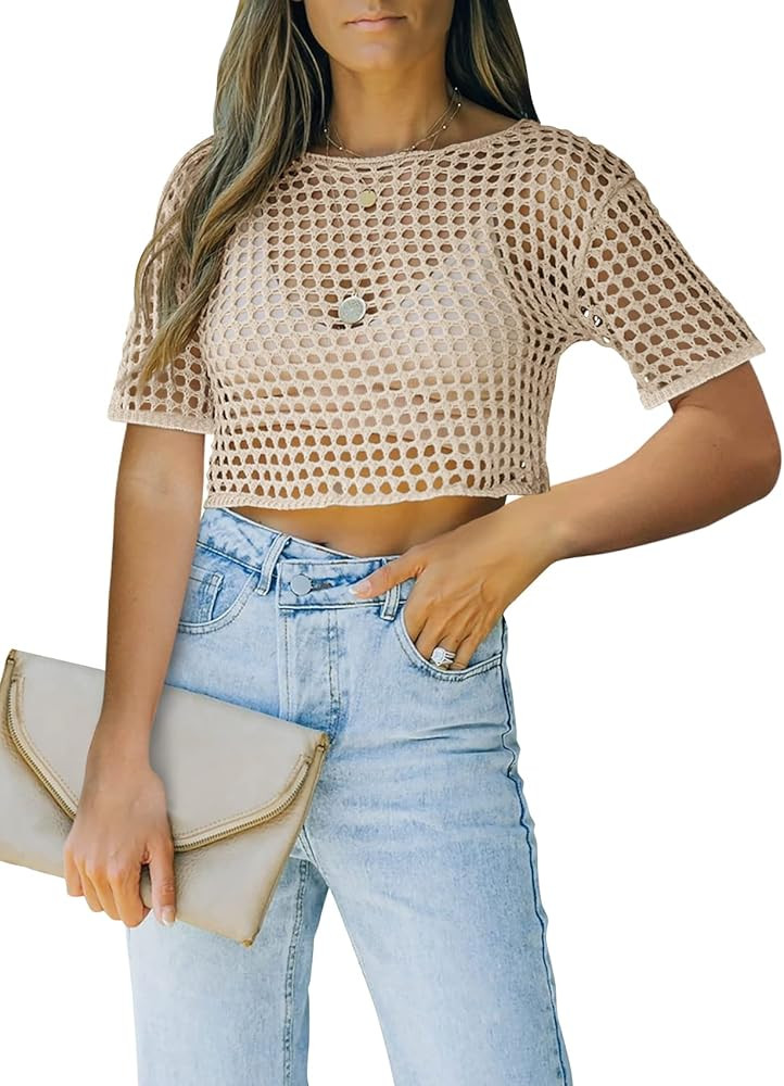 Womens Fishnet Crochet Crop Top Sexy Long Sleeve See Through Hollow Out Mesh Bikini Cover Ups | Amazon (US)