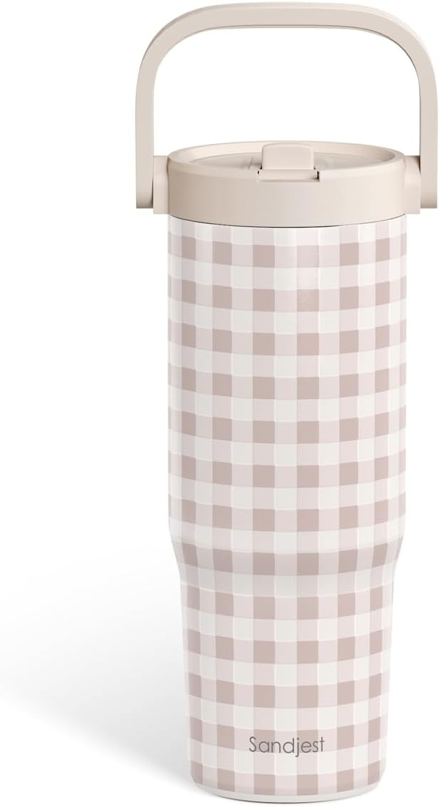 SANDJEST Gingham Skin Stainless Steel Straw Lid Tumbler 30oz with Carry Handle for Women Girls, I... | Amazon (US)