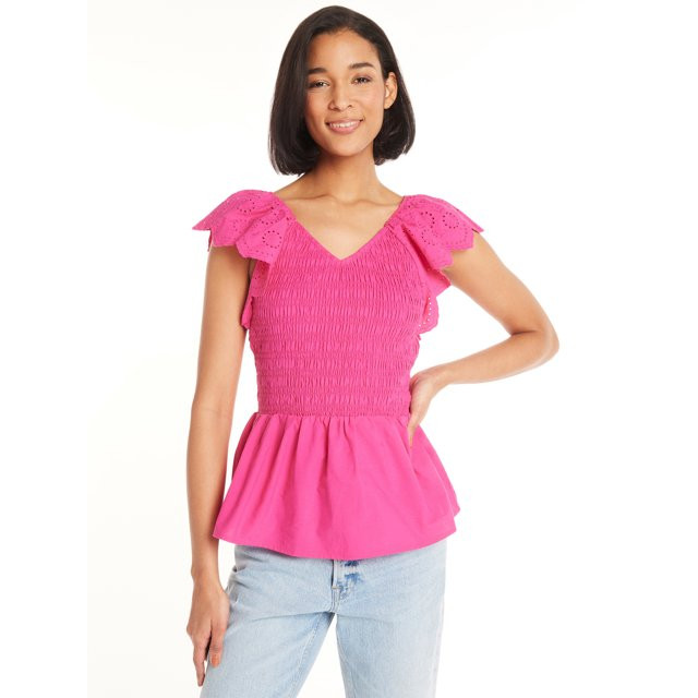 Time and Tru Women's Smocked Bodice V-Neck Eyelet Top, XS-3XL | Walmart (US)