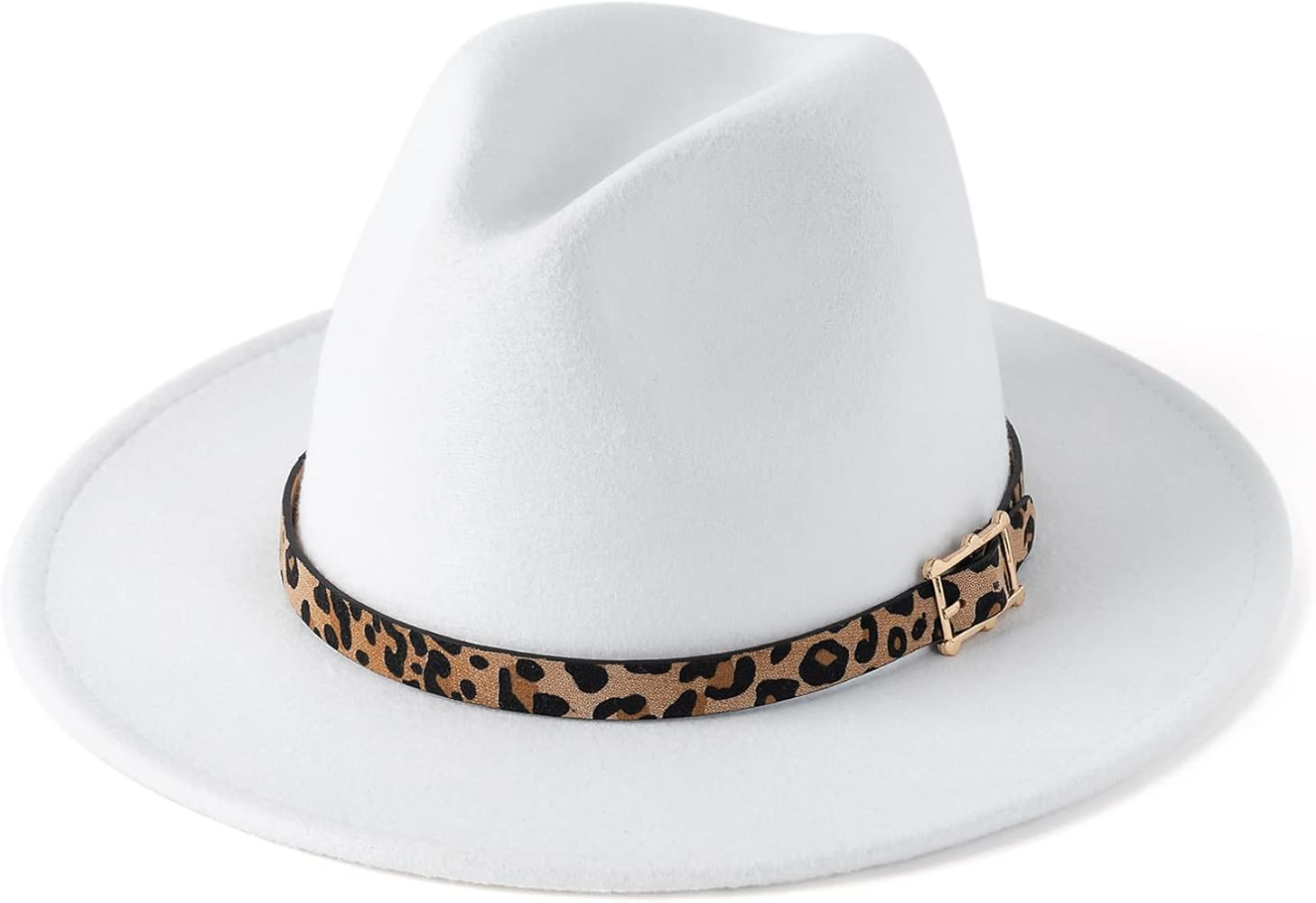 HUDANHUWEI Women's Wide Brim Felt Fedora Panama Hat with Leopard Belt Buckle | Amazon (US)