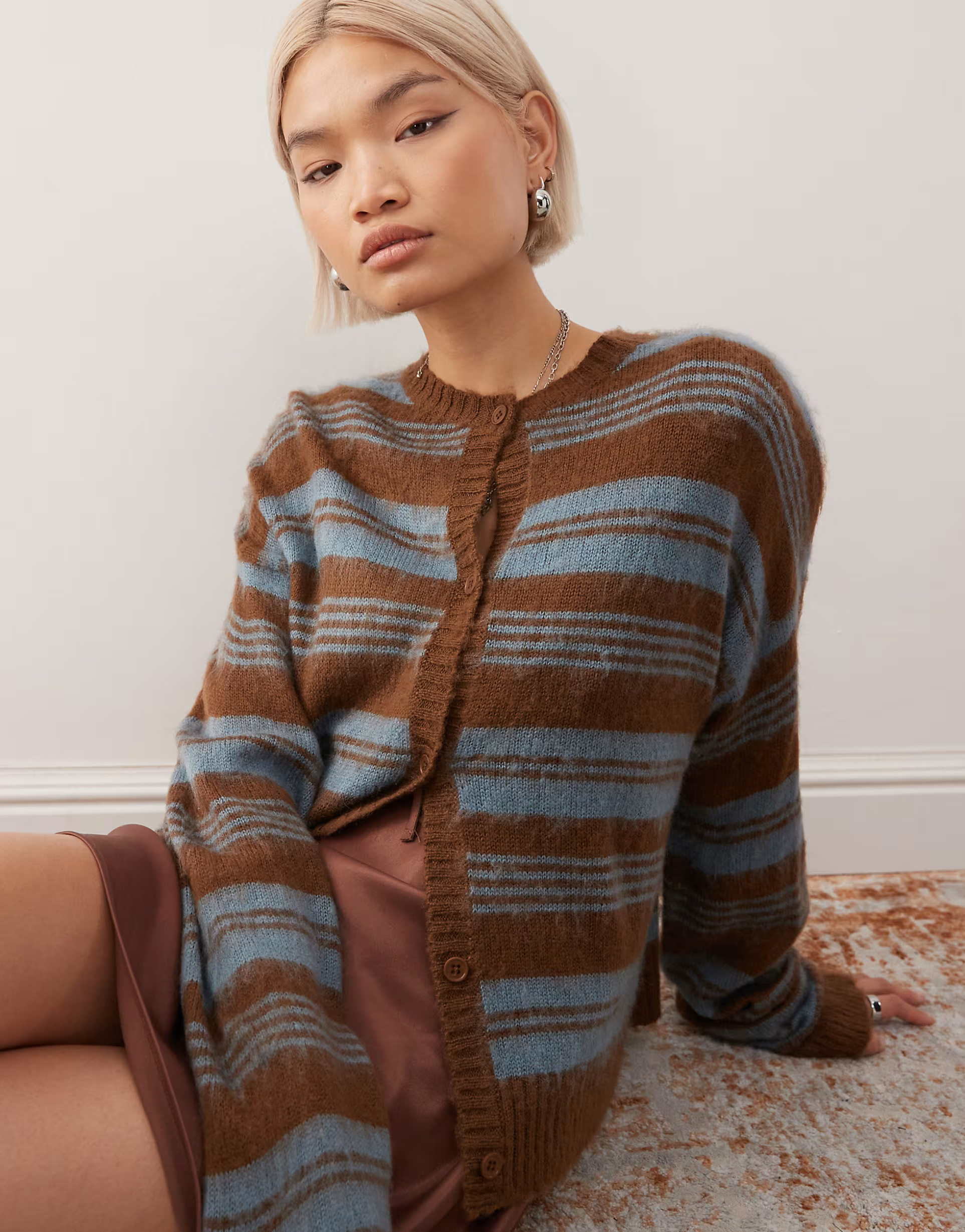 Reclaimed Vintage fluffy knitted boxy cardigan in brown and blue stripe | ASOS | ASOS (Global)