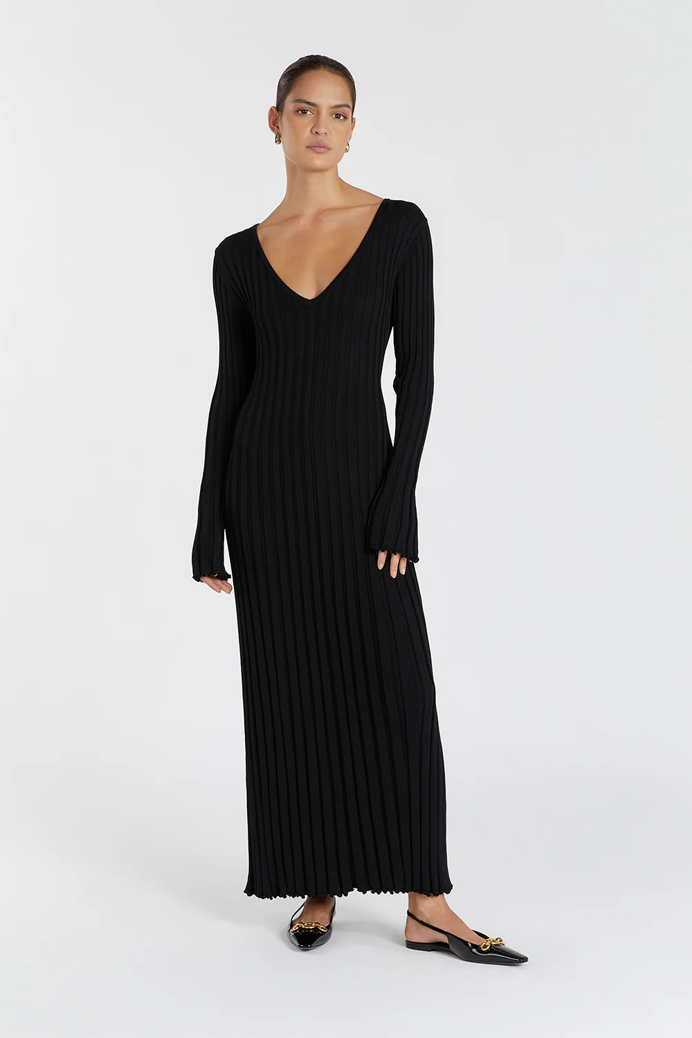 REIGN BLACK SLEEVED KNIT MIDI DRESS | DISSH