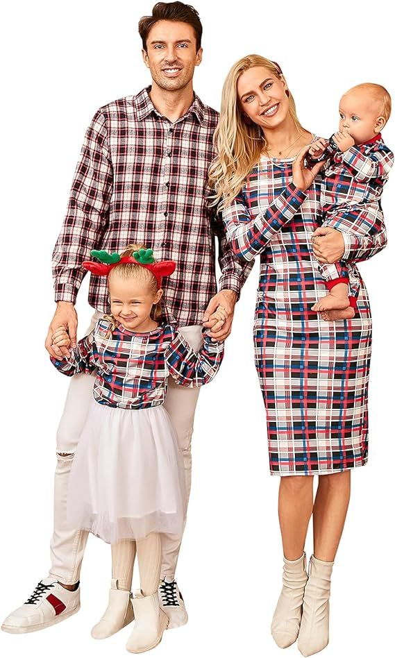 Mumetaz Family Matching Outfits Plaid Long Sleeve Mommy and Me Midi Bodycon Dresses Men Boy Shirt | Amazon (US)