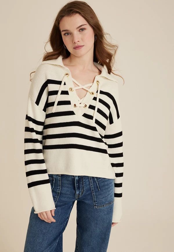 Stripe Lace Up Collared Sweater | Maurices