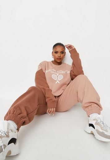 Missguided - Plus Size Brown Colorblock Graphic Joggers | Missguided (US & CA)