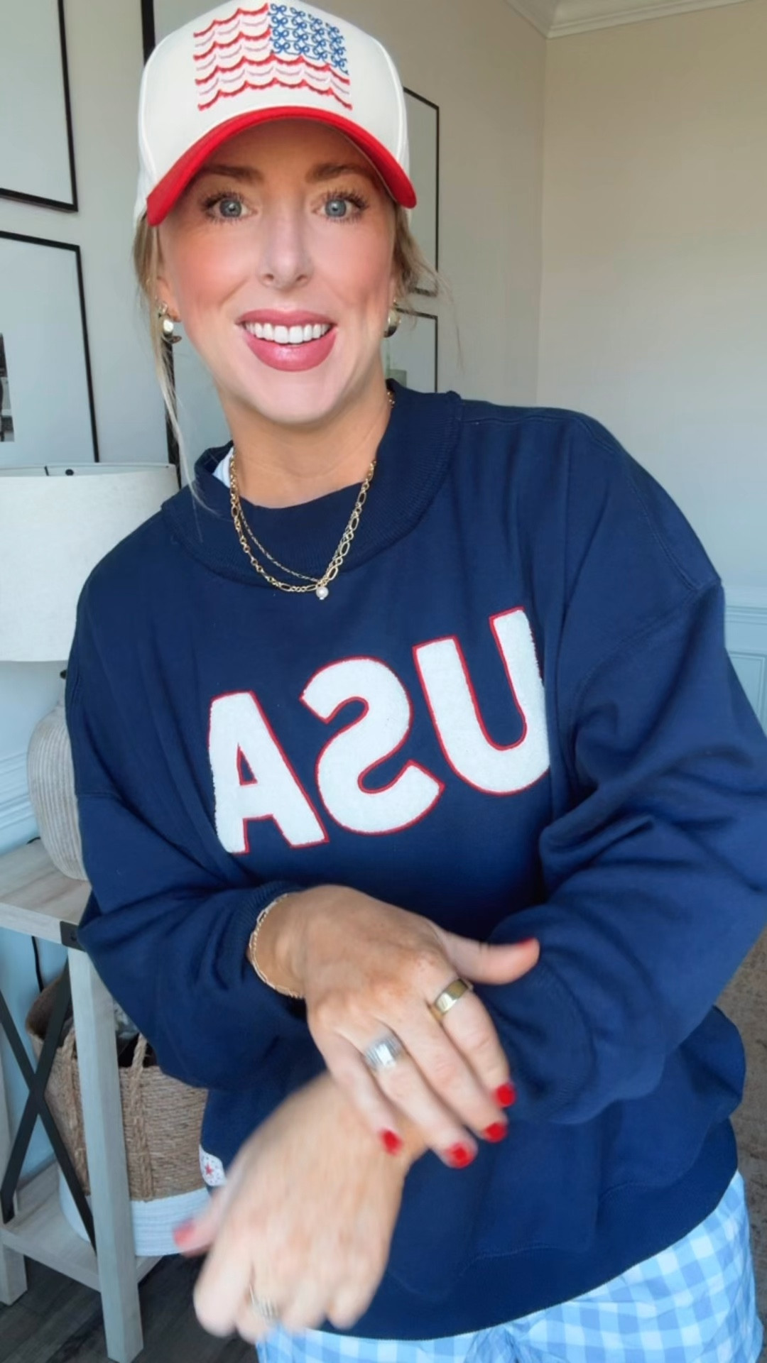 Today’s ootd! This oversized mock neck sweatshirt with varsity USA letters is 30% off! Wearing it over a rib tank with built-in bra. These blue gingham shorts are a moisture wicking material, perfect for hot summer days! Wearing my go to crocs sandals too!
Purchased this hat from dry goods but linked similar options!

#LTKootd #LTKSaleAlert #LTKmomlife