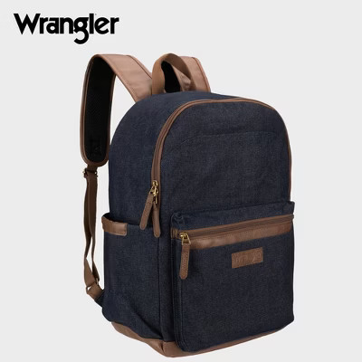 Wrangler Powell Denim Backpack for Mens Womens Kids, Classic Logo Water Resistant Casual Daypack for Travel with Padded Laptop Notebook Sleeve (Denim) | Target