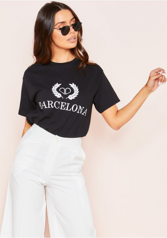 Stella Black Barcelona Graphic Oversized T-Shirt | Missy Empire (UK)