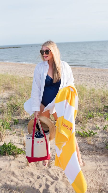 Getting spring break ready 🌴 some favorite beach staples. This navy one piece slender suit, white linen cover up. Striped beach towel, boat tote

#LTKtravel #LTKswim #LTKover40