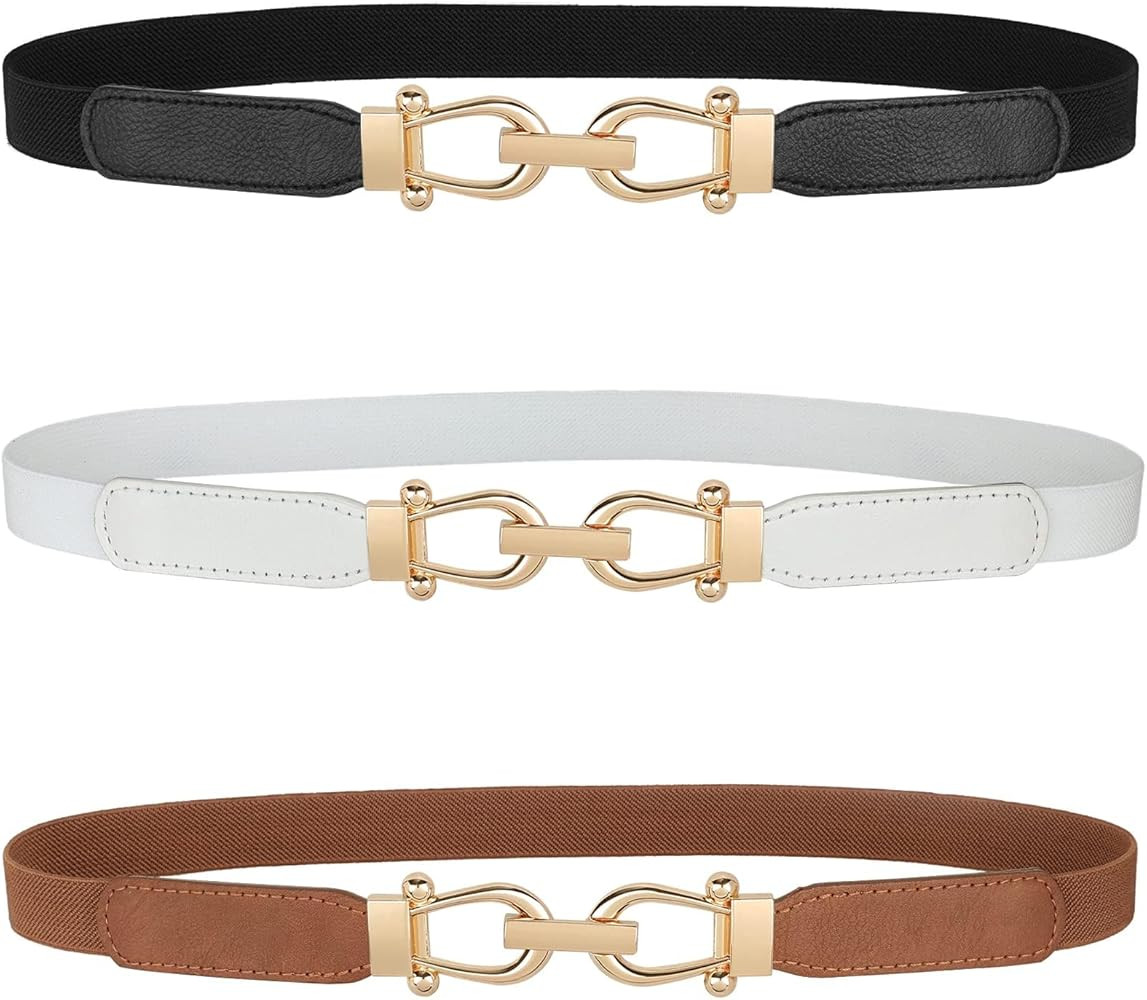 JASGOOD Women Skinny Elastic Belt for Dresses,Thin Retro Stretch Waist Belt with Golden Buckle | Amazon (US)