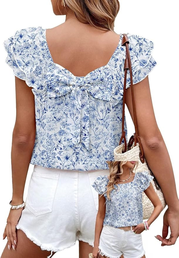 Falechay Womens Bow Tie Back Tops Round Neck Ruffle Short Sleeve Shirts Cute Babydoll Chiffon Tee... | Amazon (US)