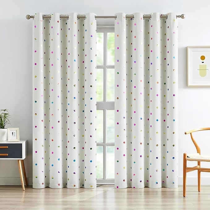 Urban Lotus Ivory Full Blackout Bedroom Curtains with Colorful Metallic Polka Dots Printed for Ki... | Amazon (US)