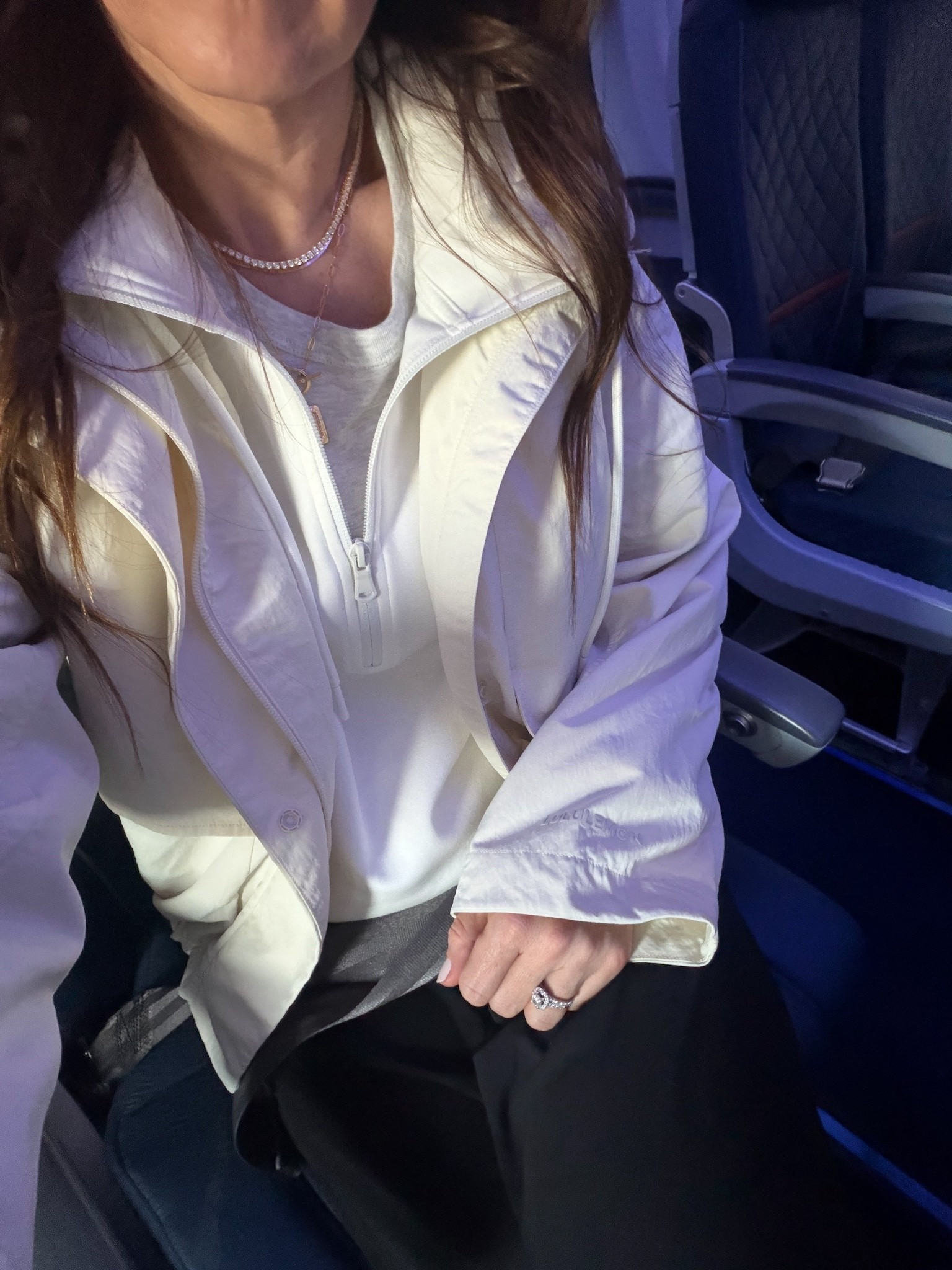 Travel ootd- Disney here we come! Grabbed this lululemon jacket on a whim yesterday and I can tell it's going to be my go to all spring. Love the creamy white color and the weight is perfect. Adjustable cuffs and a hood that tucks away into the collar, it does it all. 🤍

Lululemon, jacket, spring fashion, athleisure, mom outfit, hoodie, old navy, new balance, 327c target, backpack, travel essentials, in flight, tennis necklace, 

#LTKTravel #LTKootd #LTKSaleAlert