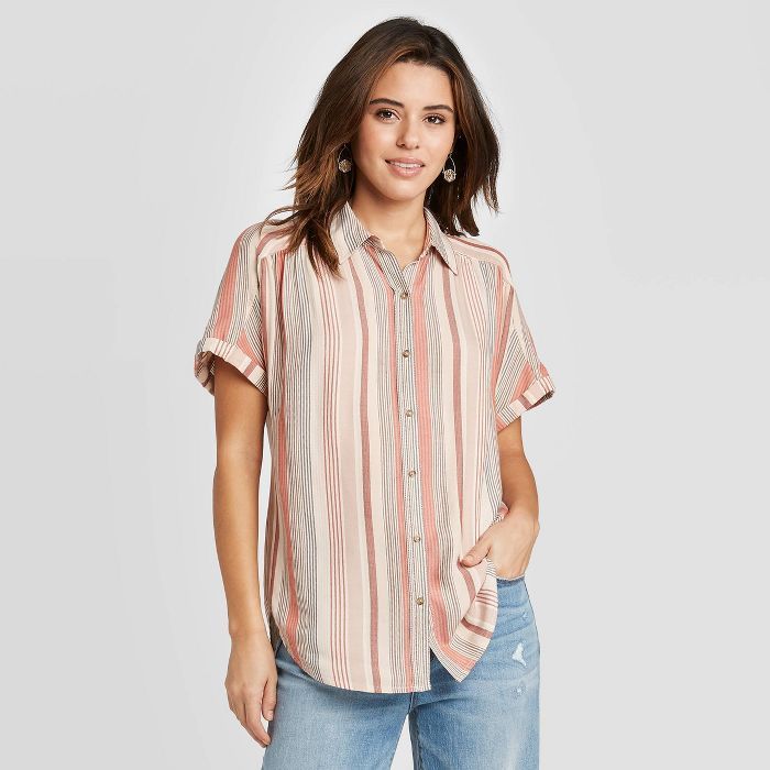 Women's Striped Short Sleeve Button-Down Camp Shirt - Universal Thread™ Cream | Target