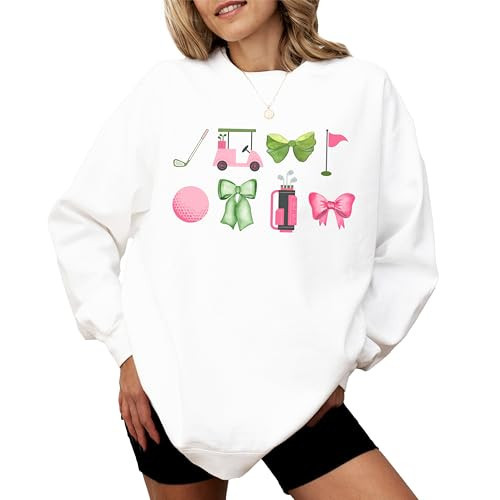 Olive Loves Apple Girly Golf Graphics Sweatshirt for Women Preppy Golfing Sweater White Sweatshirt Adult Medium | Amazon (US)
