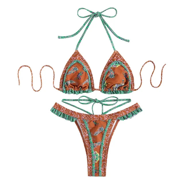 Women Two Piece Vintage Swimsuit Retro Printed High Waist Halter Bikini Swimsuits Sexy Lace Up Ba... | Walmart (US)