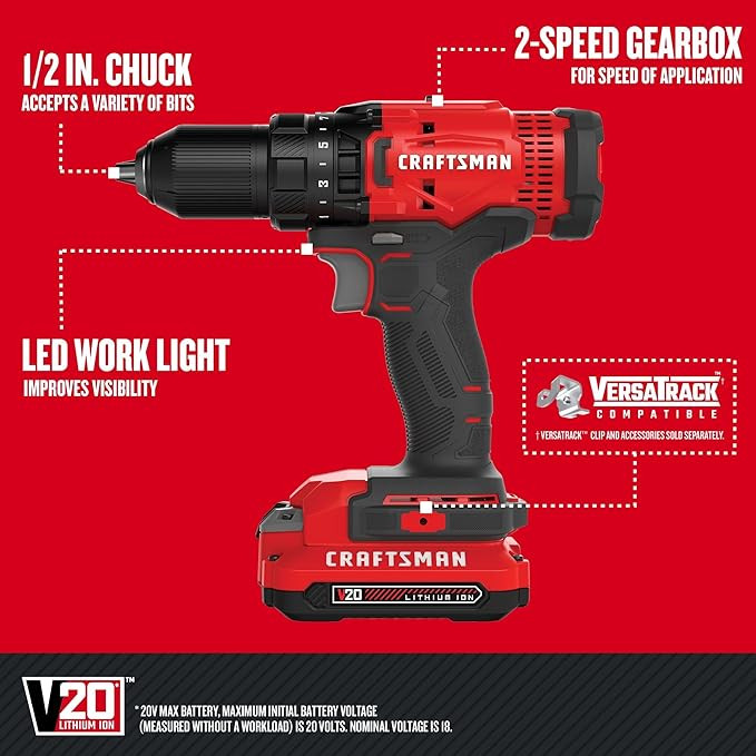 CRAFTSMAN V20 Cordless Drill/Driver Kit, 1/2 inch, Battery and Charger Included (CMCD700C1) | Amazon (US)