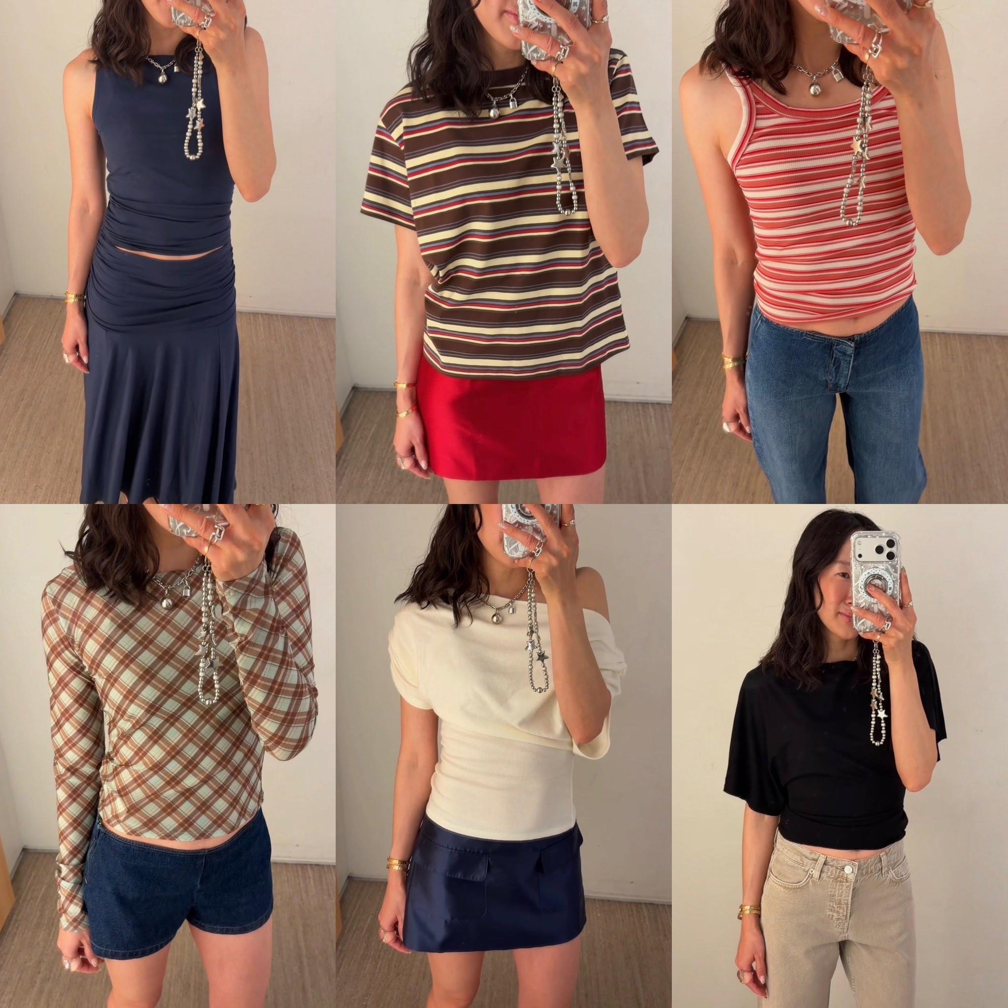 23 in both jeans, xs in set, xs in all tops, 0 in denim shorts, 0 in skirts! 