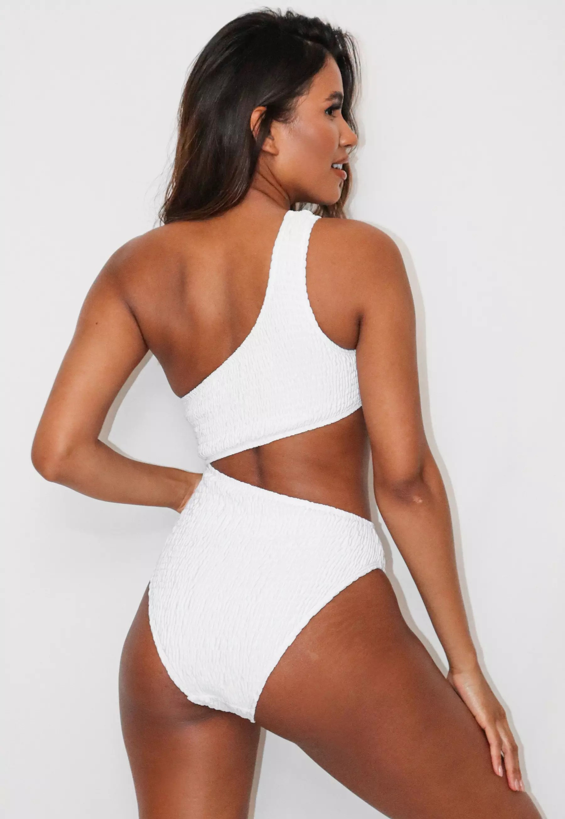 White Crinkle One Shoulder Cut Out Swimsuit | Missguided (US & CA)
