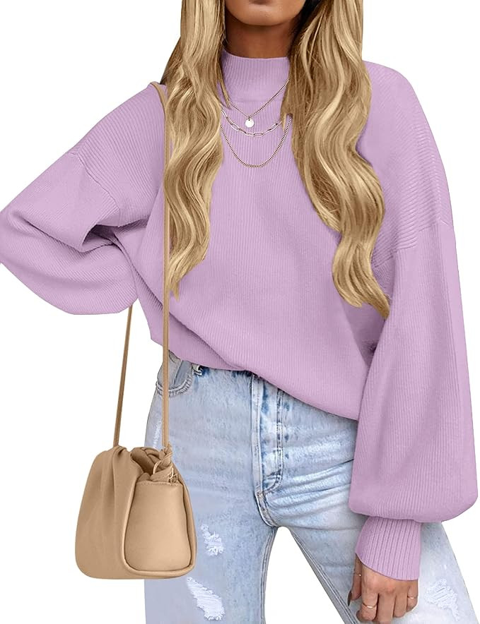 ZESICA Women's 2024 Casual Turtleneck Long Lantern Sleeve Oversized Ribbed Knit Pullover Sweater ... | Amazon (US)