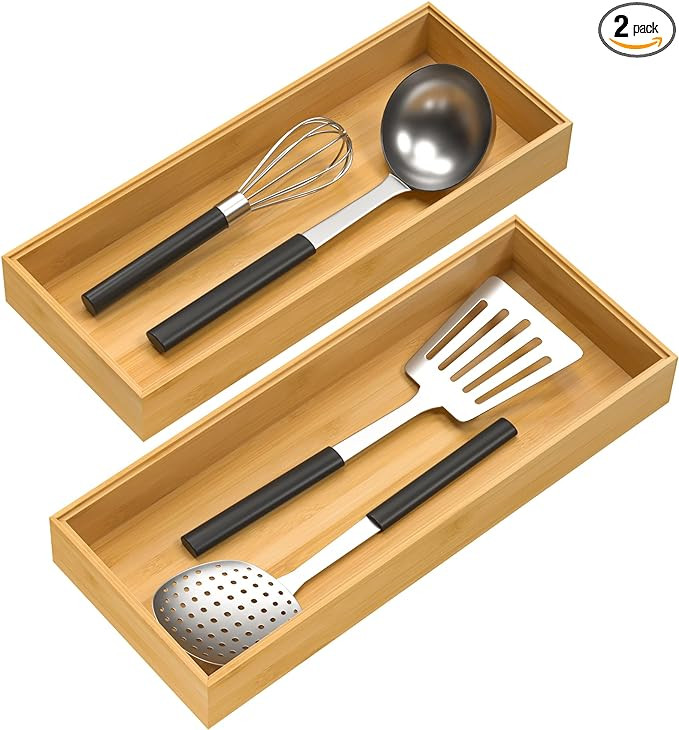 Bamboo Drawer Organizer, Stackable Utensil Organizer for Kitchen, Bamboo Storage Box Wood Silverw... | Amazon (US)
