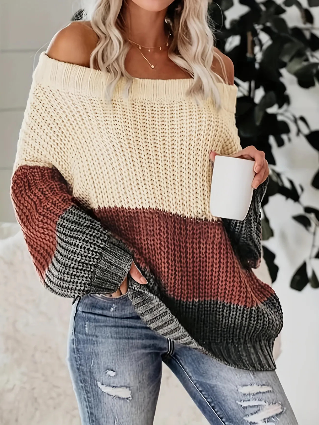 Off Shoulder Color Block Knit Sweater, Casual Loose Long Sleeve Sweater, Women's Clothing | Temu Affiliate Program