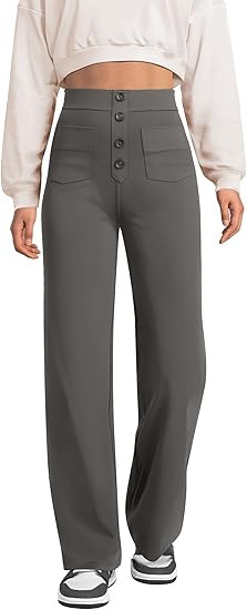 keriffe Women's Straight Leg Pants High Waisted Button Stretchy Business Work Dress Casual Trouse... | Amazon (US)